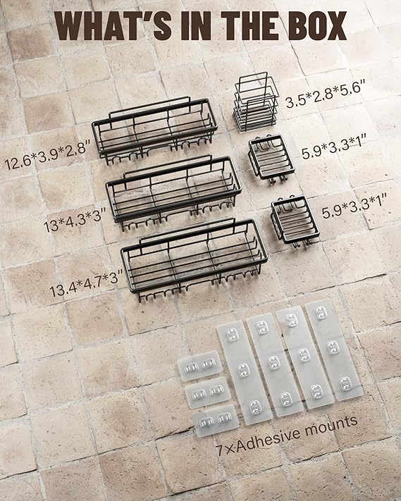 Veken 6-Pack Adhesive Shower Caddy - Rustproof, Large Capacity, No Drilling, Black